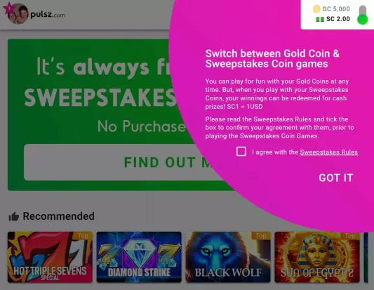 Pulsz Casino switch between gold coin and sweepstakes coin games