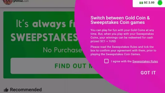 Pulsz Casino switch between gold coin and sweepstakes coin games