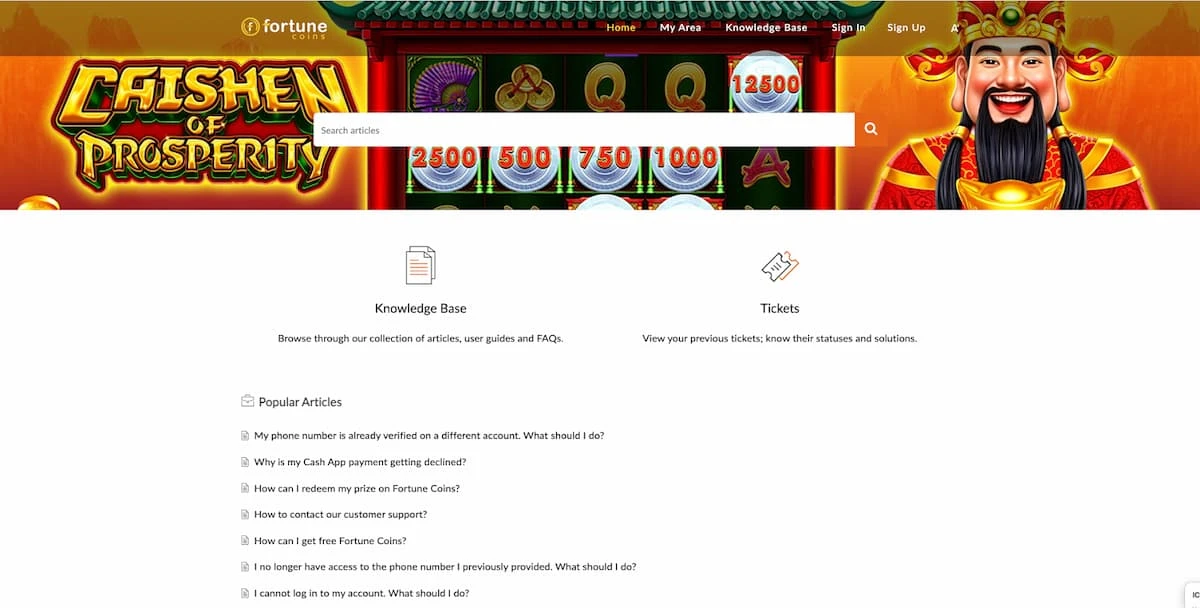 A page covering common help topics for Fortune Coins Casino