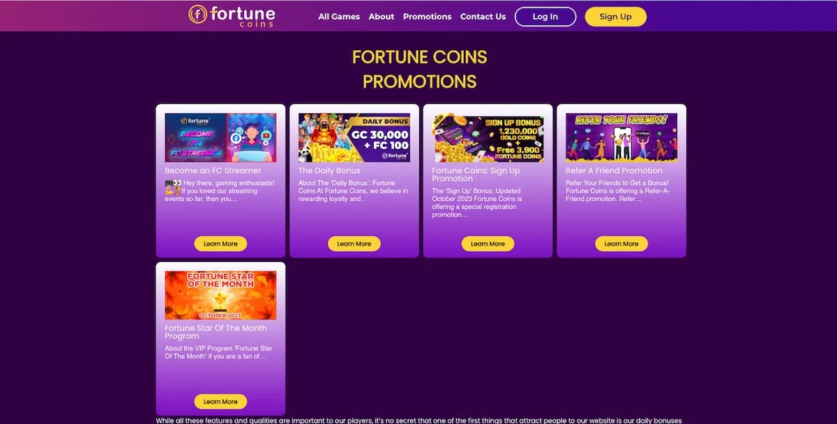 A screenshot of Fortune Coins Casino showing promotions and bonuses