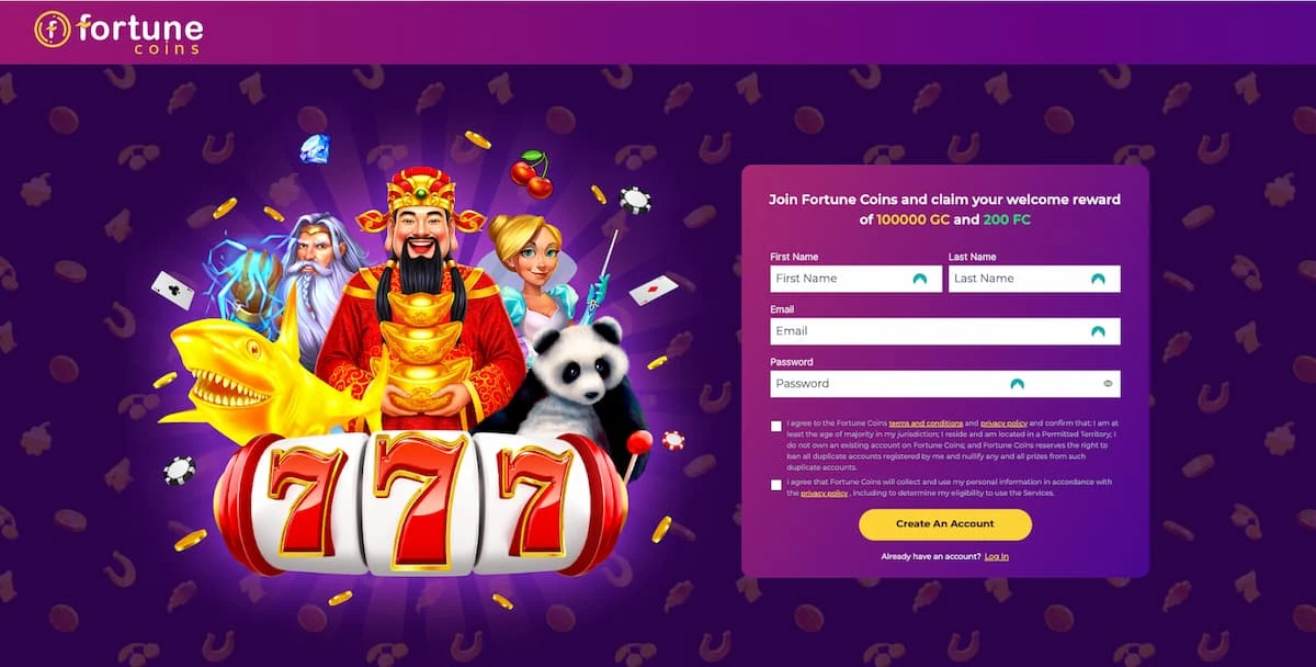 Fortune Coins Casino signup screen showing the form that needs to be filled out