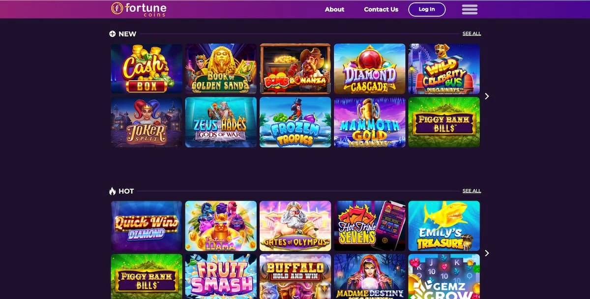 Fortune Coins Casino slots page, showing a variety of games that can be played