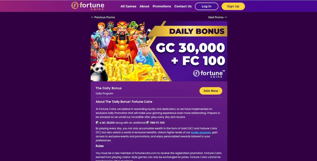 A screen showing Fortune Coins Casino daily bonus