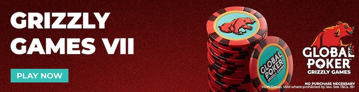 Global Poker Grizzly Games VII promo, featuring a set of poker chips and a stylized grizzly bear