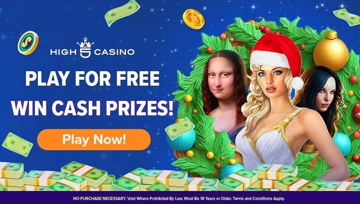 A Christmas-themed High 5 Casino poster featuring Mona Lisa, a blonde woman in a Santa hat, and a dark haired woman above a pile of money and with Christmas wreath in the background.