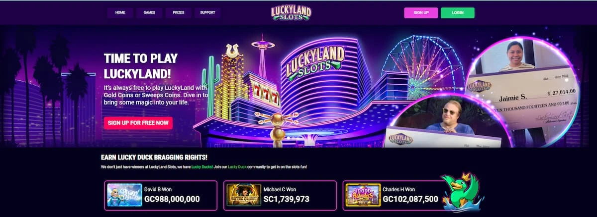 Luckyland Slots homepage showing a drawing of a lux casino and previous big winners