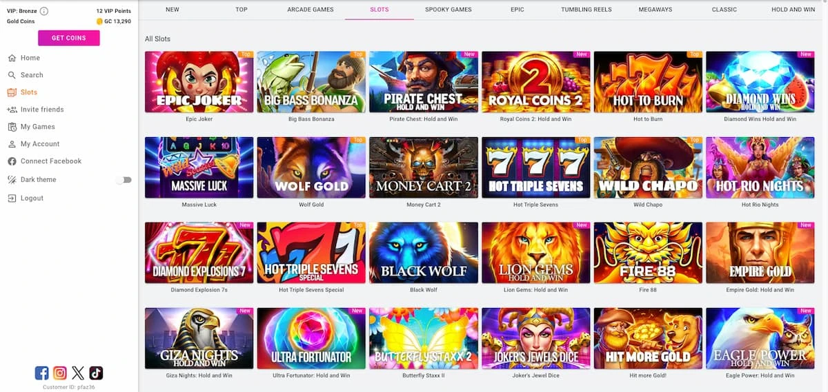 Pulsz Casino Slot Games Page