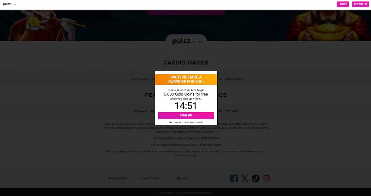 A Pulsz Casino welcome offer popup