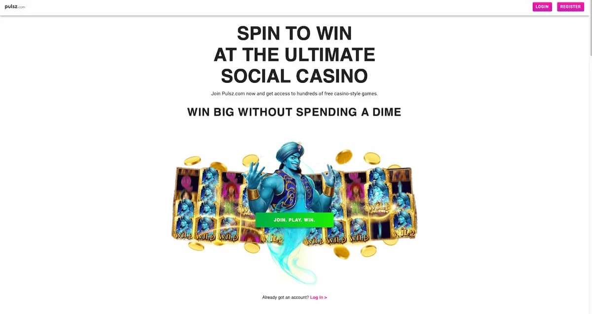Pulsz Casino Homepage depicting a genie in front of roulette reels
