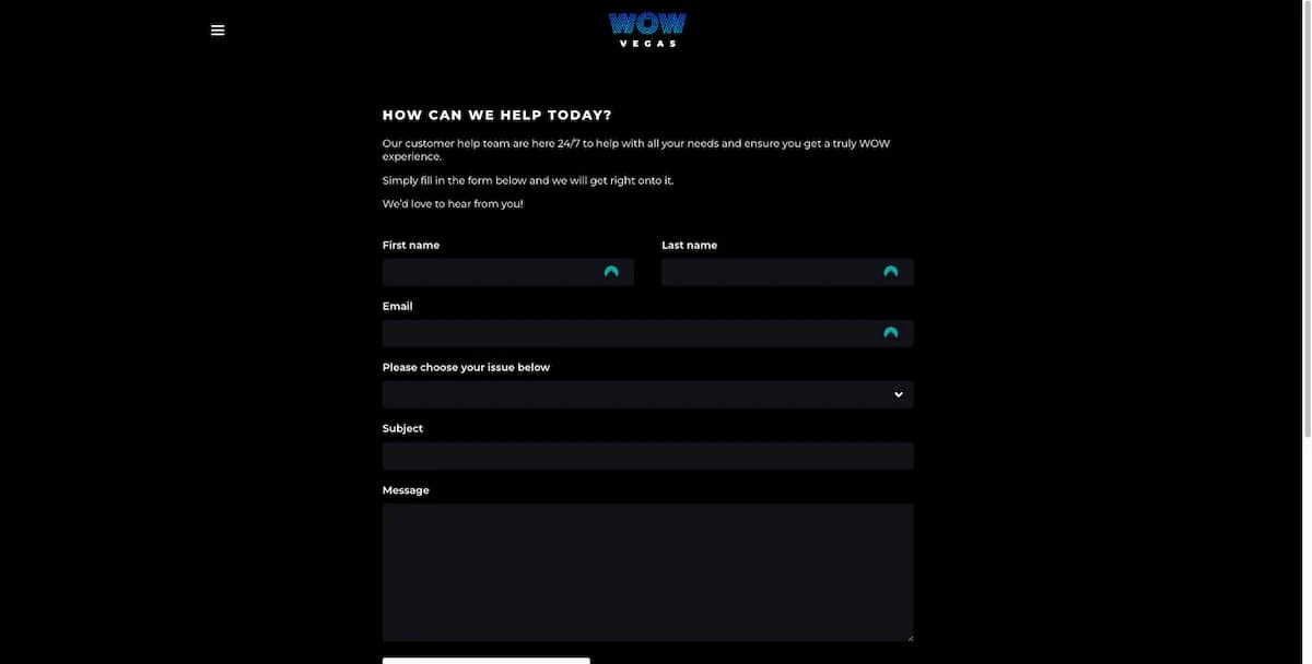 Wow Vegas sweepstakes casino help page form