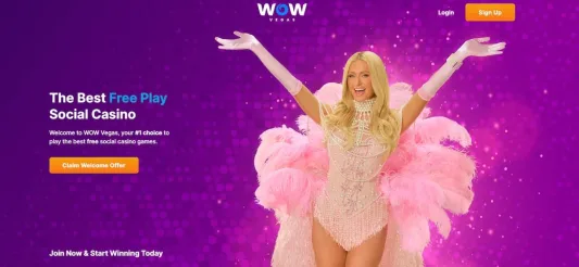 Wow Vegas homepage showing a glamorous woman welcoming new players against a purple gradient background