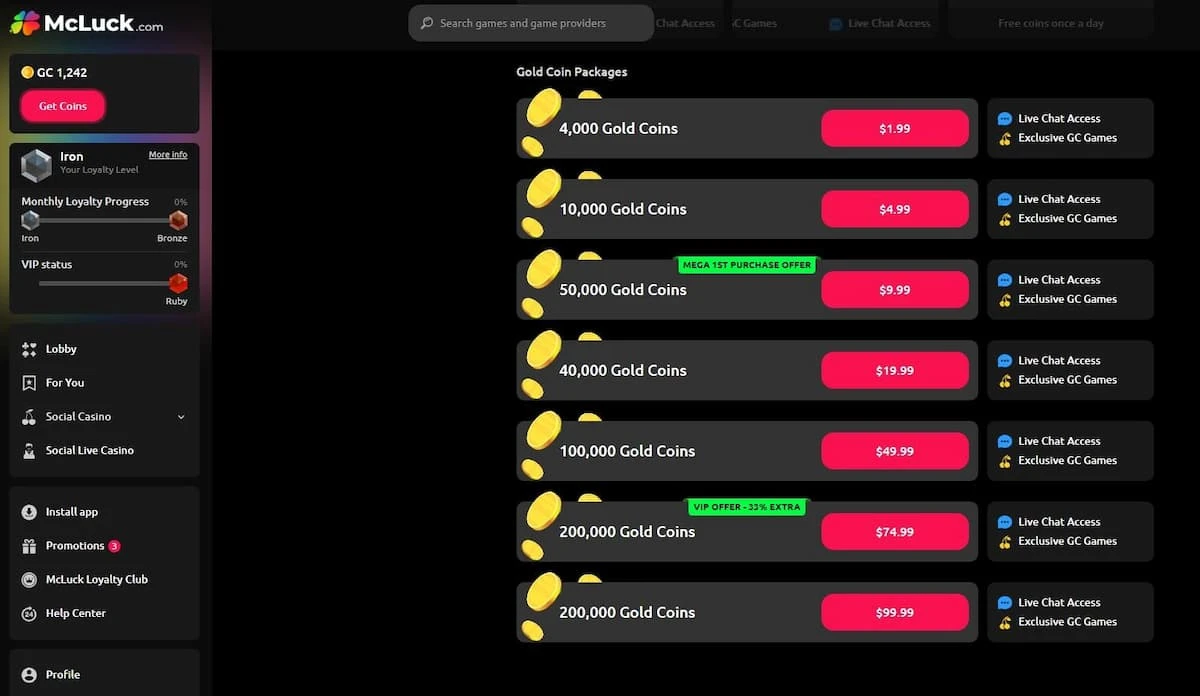 McLuck Casino Coins Packages selection