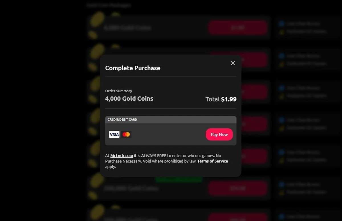 McLuck Casino MasterCard Complete Purchase Screen