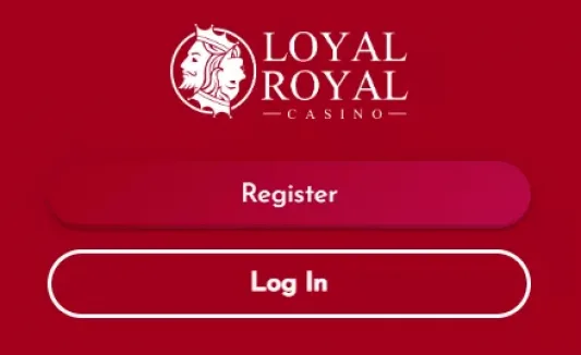 Loyal Royal logo, with a register button and a log in button, and red background