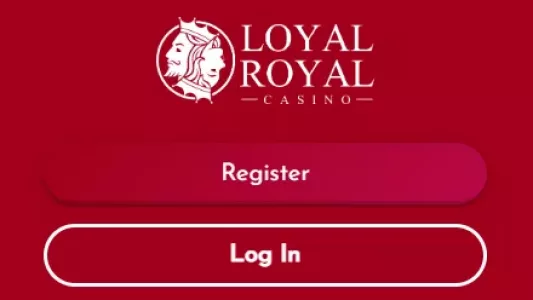 Loyal Royal logo, with a register button and a log in button, and red background