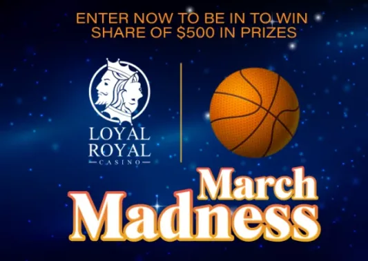 Loyal Royal two faced logo, a basketball, and words March Madness over a space background