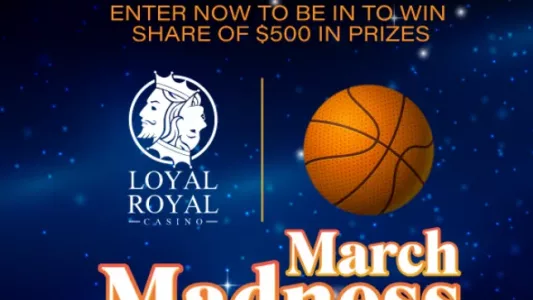 Loyal Royal two faced logo, a basketball, and words March Madness over a space background