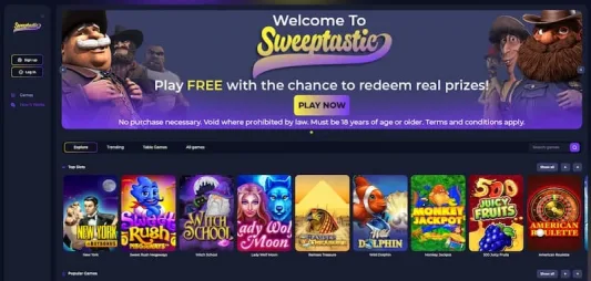 Sweeptastic Casino Homepage