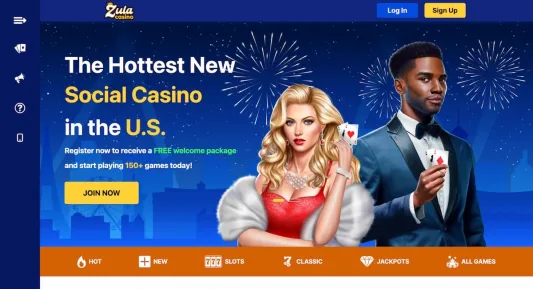 Zula Casino Homepage, showing the menu and focusing on drawings on two well-dressed people holding cards