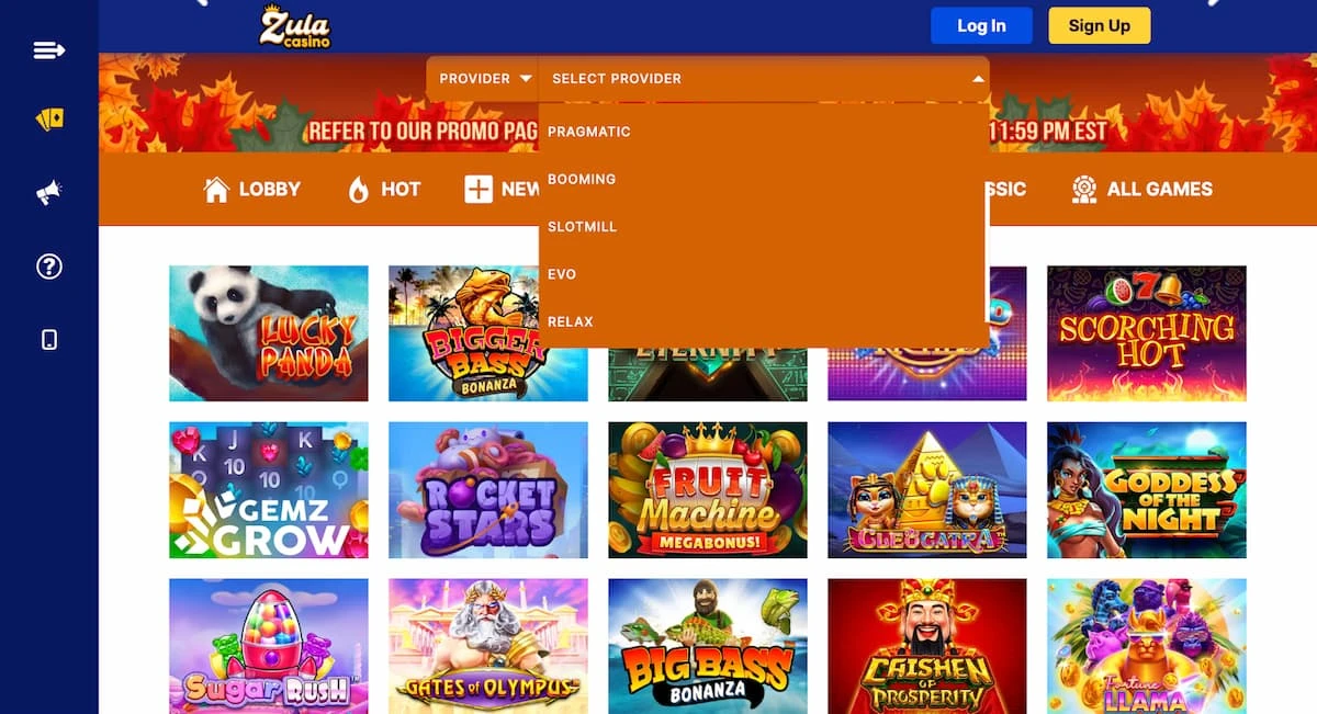 A selection of popular Zula Casino games, showing the option to filter by game provider