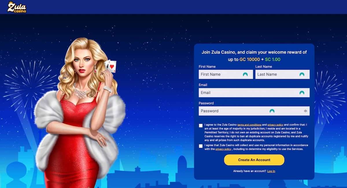 Zula Casino signup screen, showing a fill-in form and a woman in a red dress holding a pair of cards