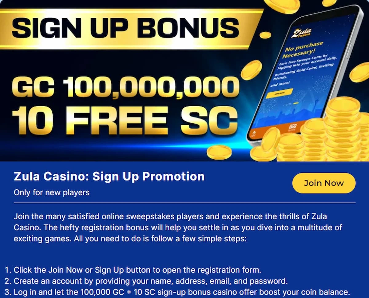 Details of the Zula Casino signup bonus - 100,000 GC and 10 SC