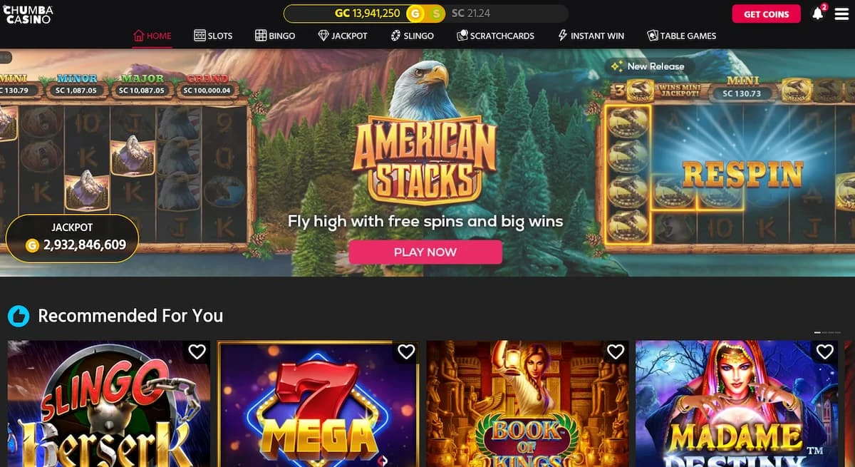 Chumba Casino Home Page showing the American Stacks slot game
