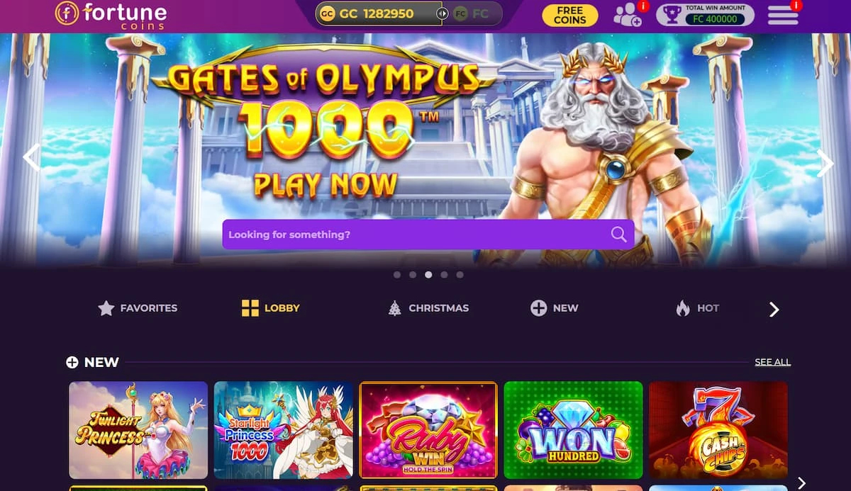 Fortune Coins Casino homepage featuring the Gates of Olympus slot game