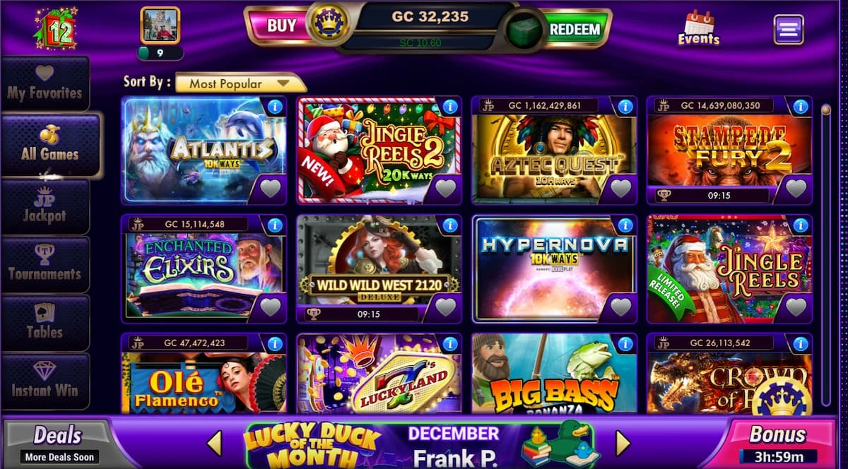 Luckyland Slots homepage showcasing a variety of games available