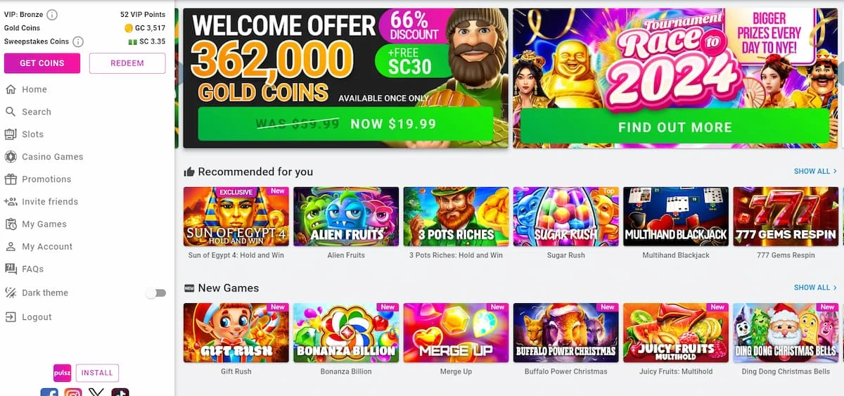 Pulsz Casino Homepage showing a variety of slot games