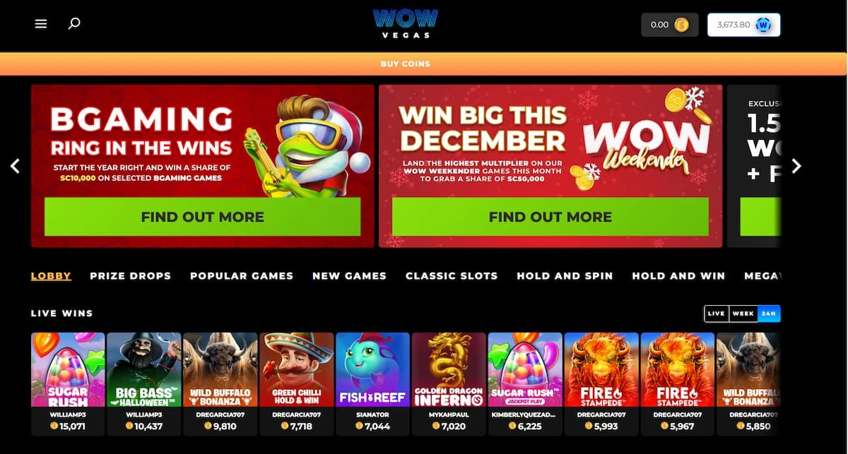 Wow Vegas casino home page