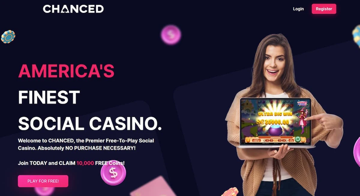 Chanced Casino Main Page featuring a woman with an open laptop showing Chanced promotion