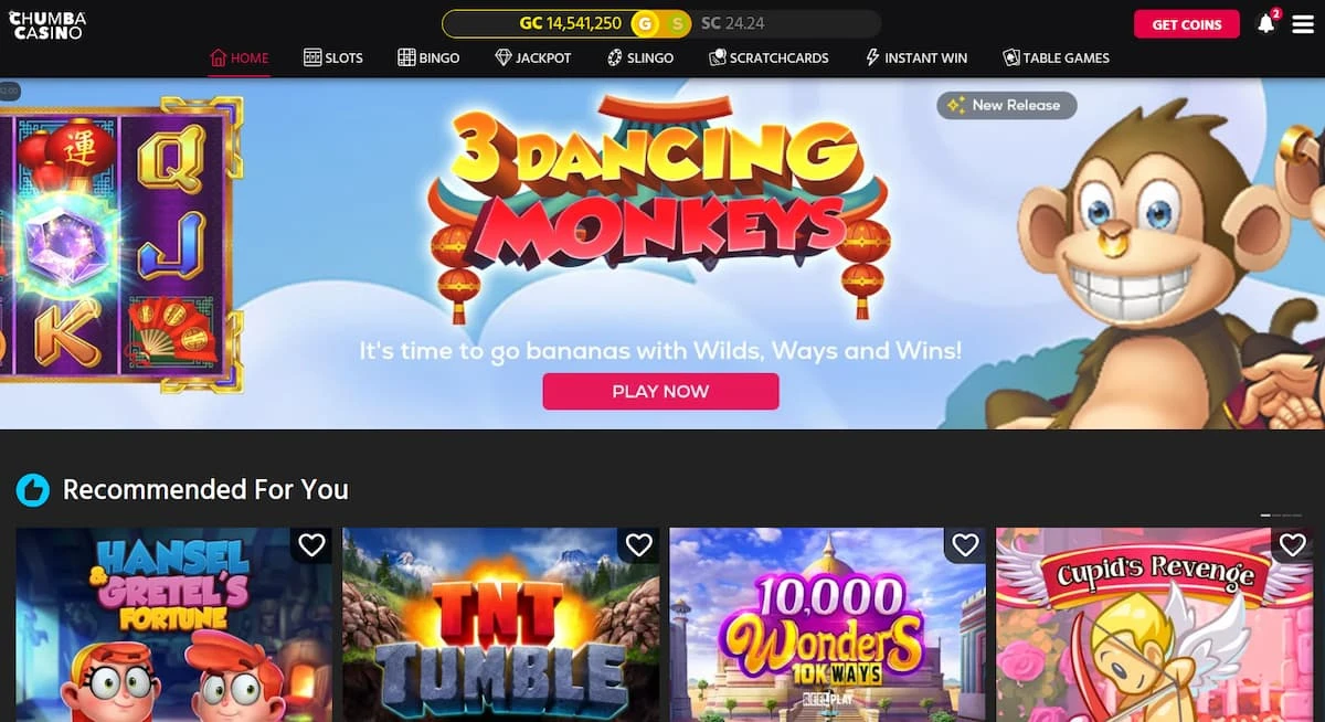 Chumba Casino Homepage featuring the 3 Dancing Monkeys game