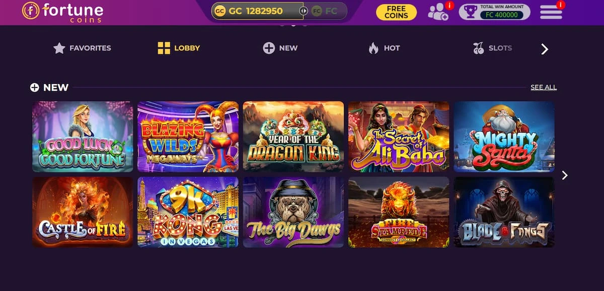 Fortune Coins home page featuring new games