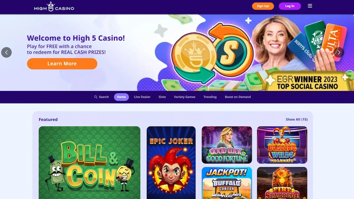 High 5 Casino home page with a promo and featured games