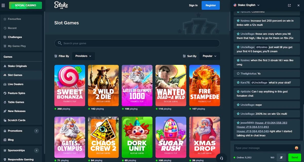 Stake.us homepage with games in center, menu on the left and live chat on the right