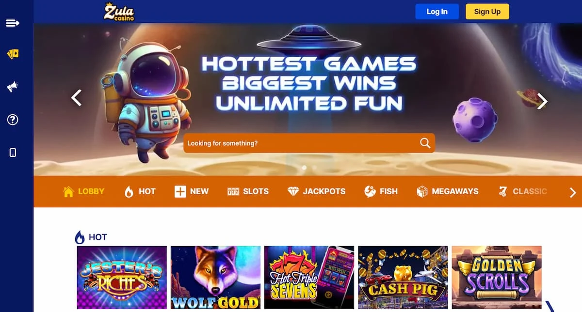 Zula Casino homepage with a space theme and a game selection in the lower part of the screen