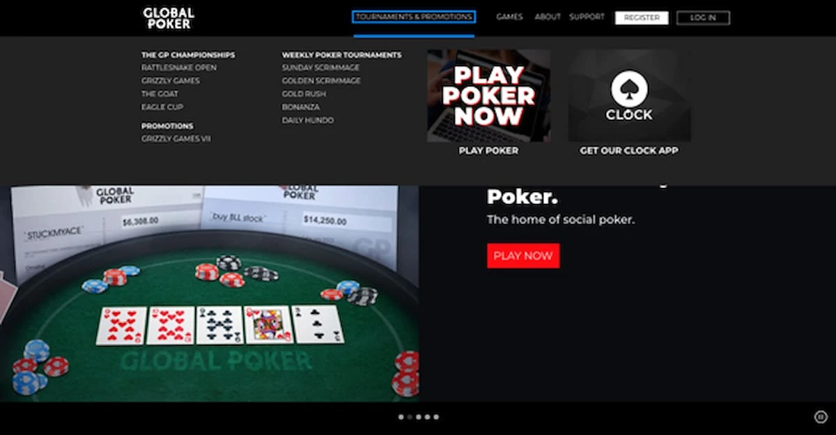 Global Poker homepage showcasing the interface and a virtual poker table