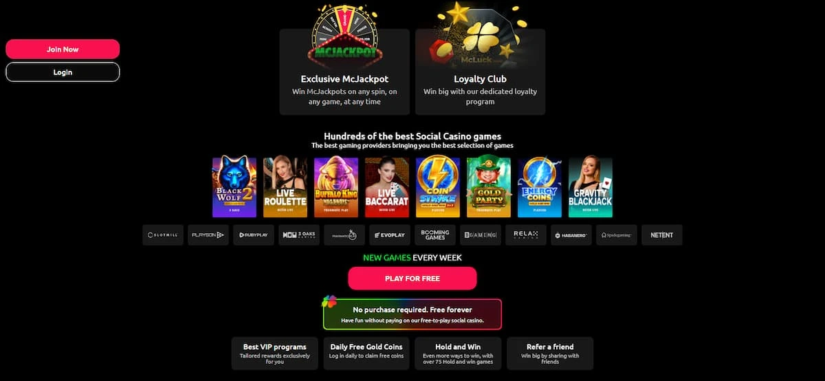 McLuck Casino homepage featuring popular games and showcasing promotions