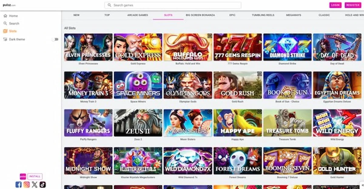 Pulsz Casino Homepage, showing the interface and the variety of games available