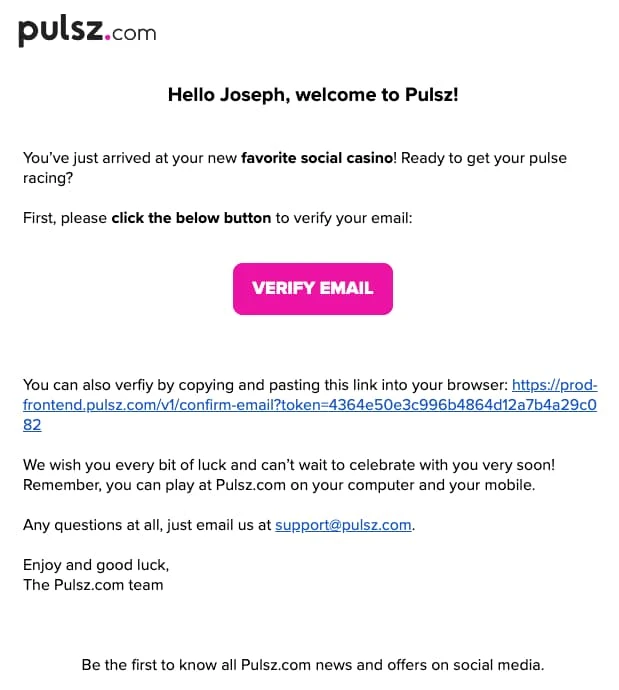 Pulsz Casino Welcome Message